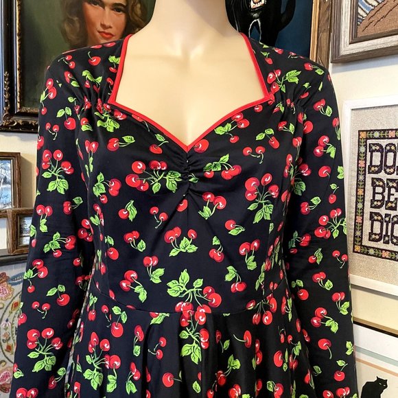 Pin Up Girl Couture Cherry Print Heidi Dress with Long Sleeves and Pockets 2X - Picture 2 of 6